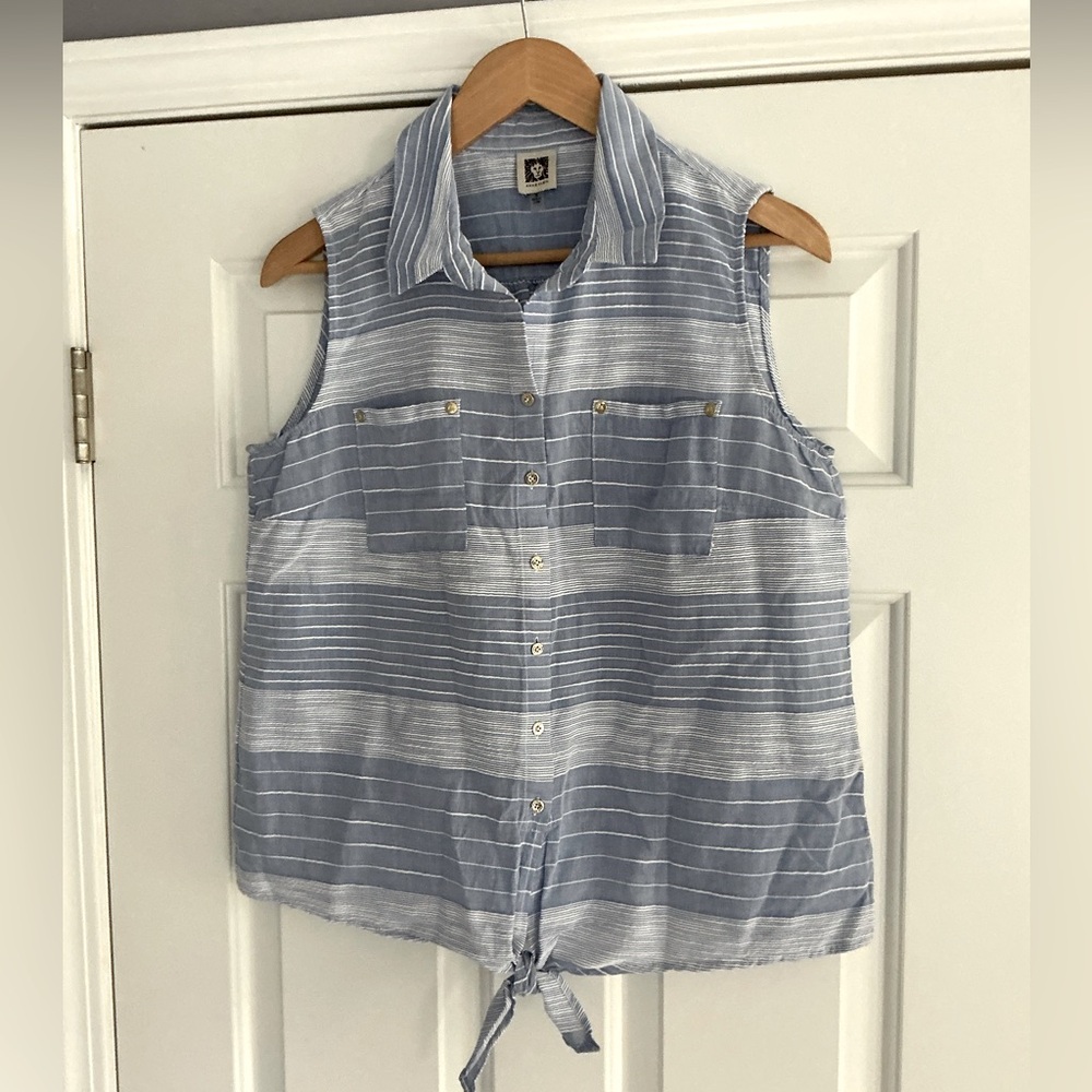 Anne Klein Stripped Sleeveless Buttons Down Cotton Lightweight Shirt M
